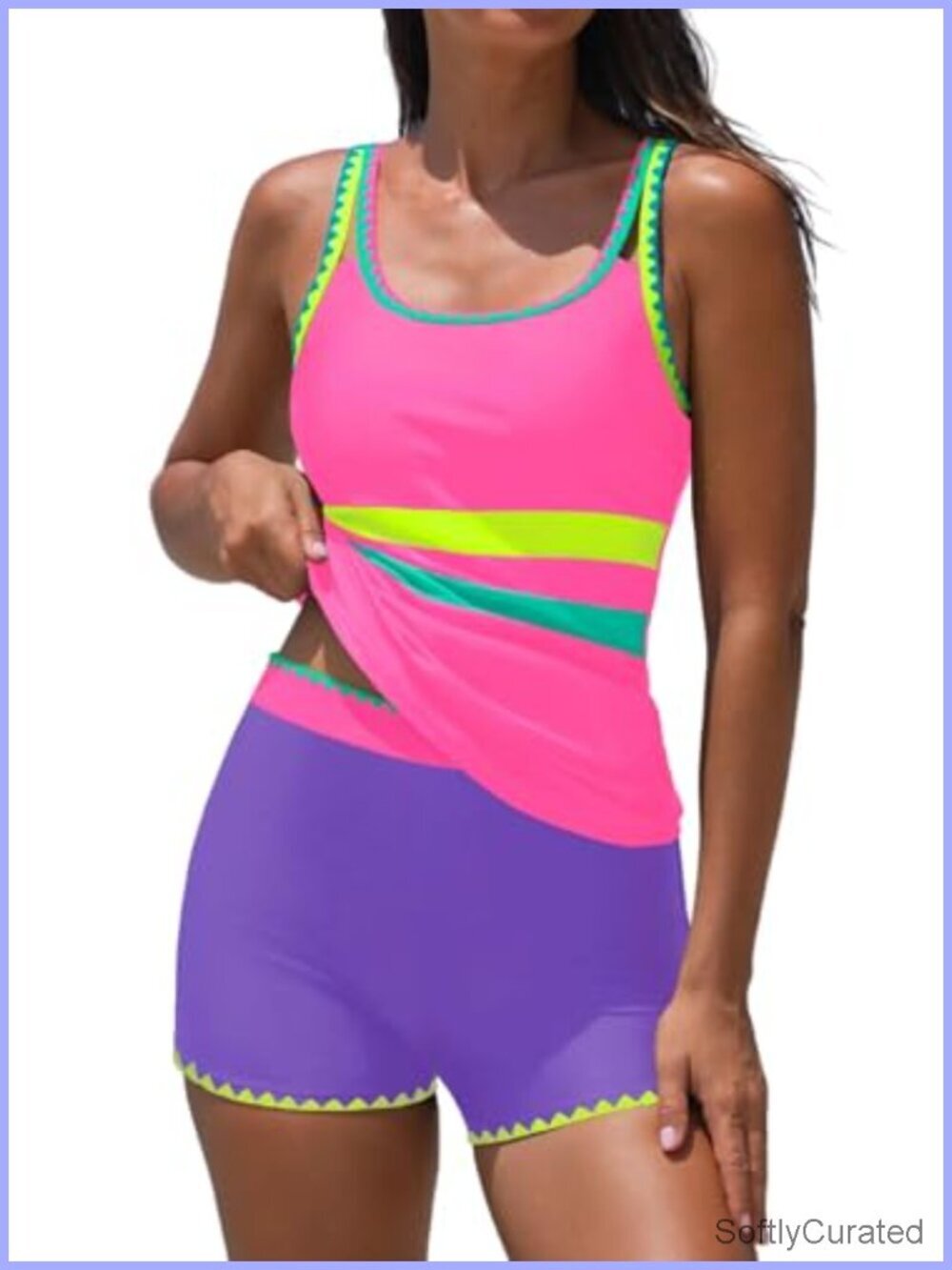 Tummy Control Tankini Swimsuit with Shorts Modest Two Piece Neon Trim
